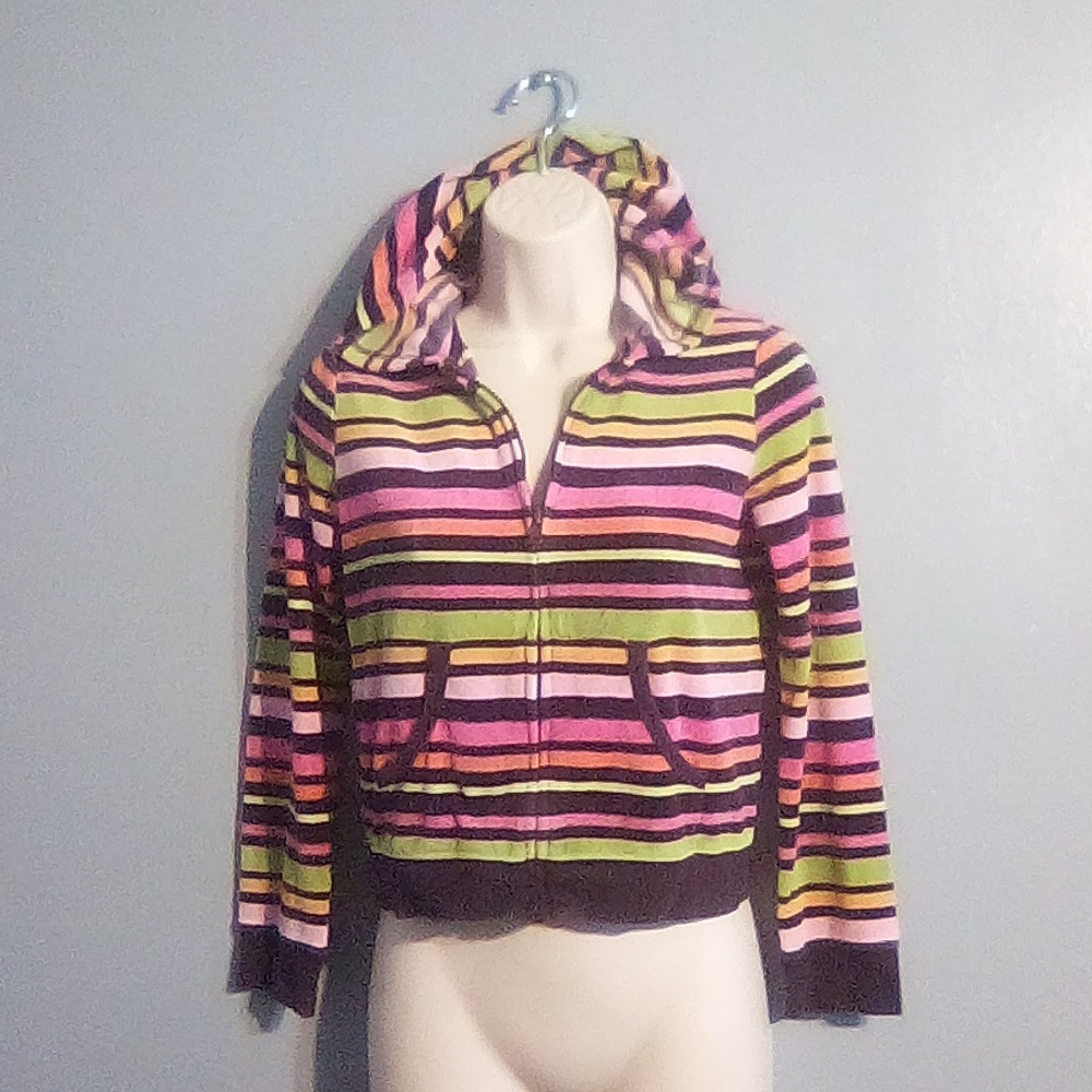 Gymboree girls large multi color stripped hooded sweat jacket size large 10/12